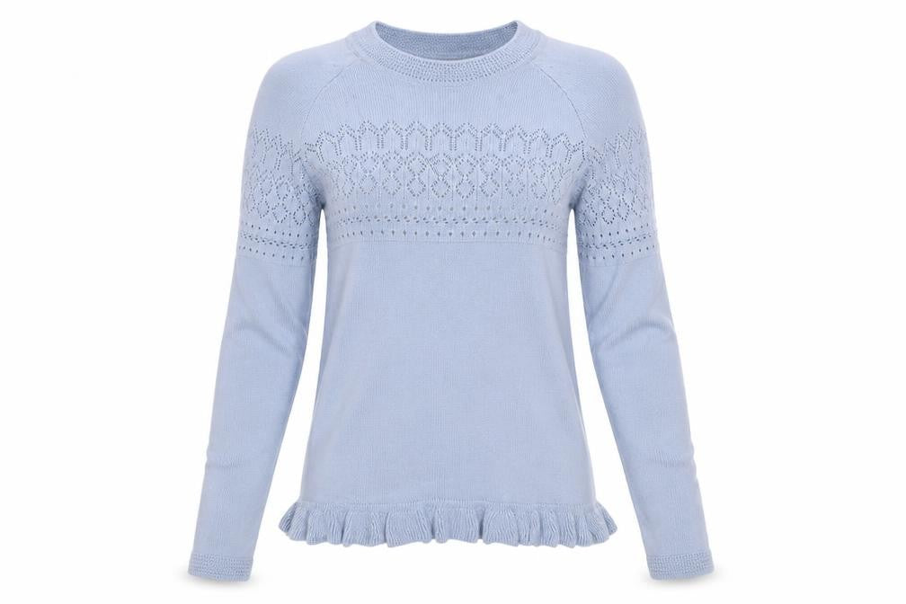 Front view of Topshop women’s blue jumper, size UK 8