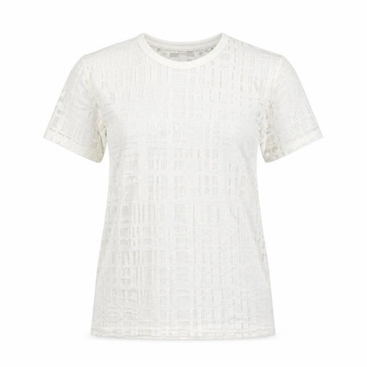 Front view of Atmosphere women’s beige check basic t-shirt, size UK 12