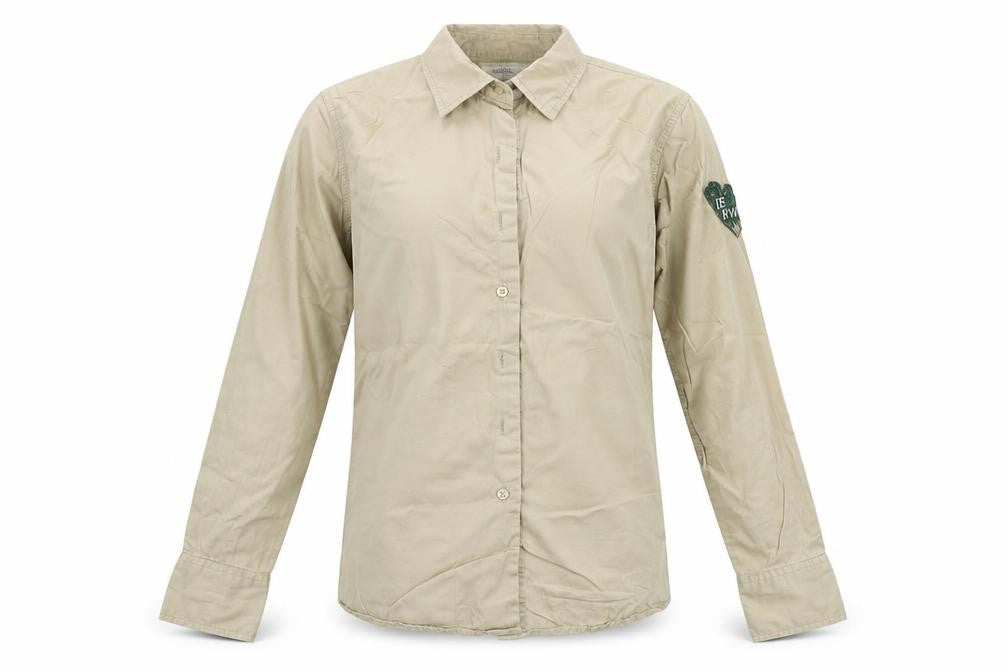 Front view of Russell Collection men’s beige button-up, size S