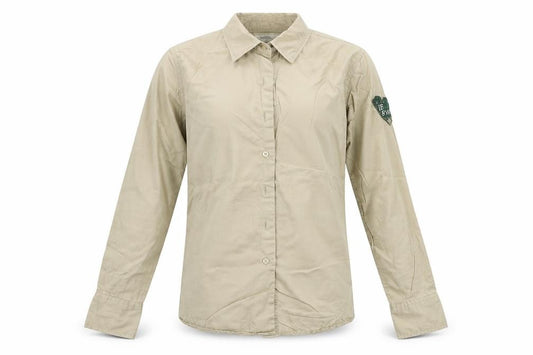 Front view of Russell Collection men’s beige button-up, size S