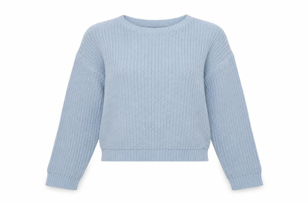 Front view of Boohoo women’s blue pullover sweatshirt, size L