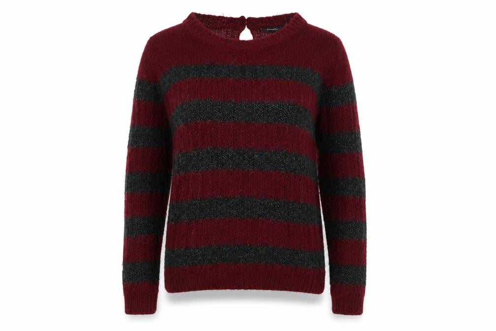 Front view of Manhgo women’s multicoloured striped jumper, size M