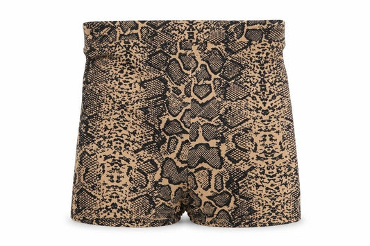 Front view of PRETTYLITTLETHING women’s multicoloured animal print hot pants shorts, size UK 6