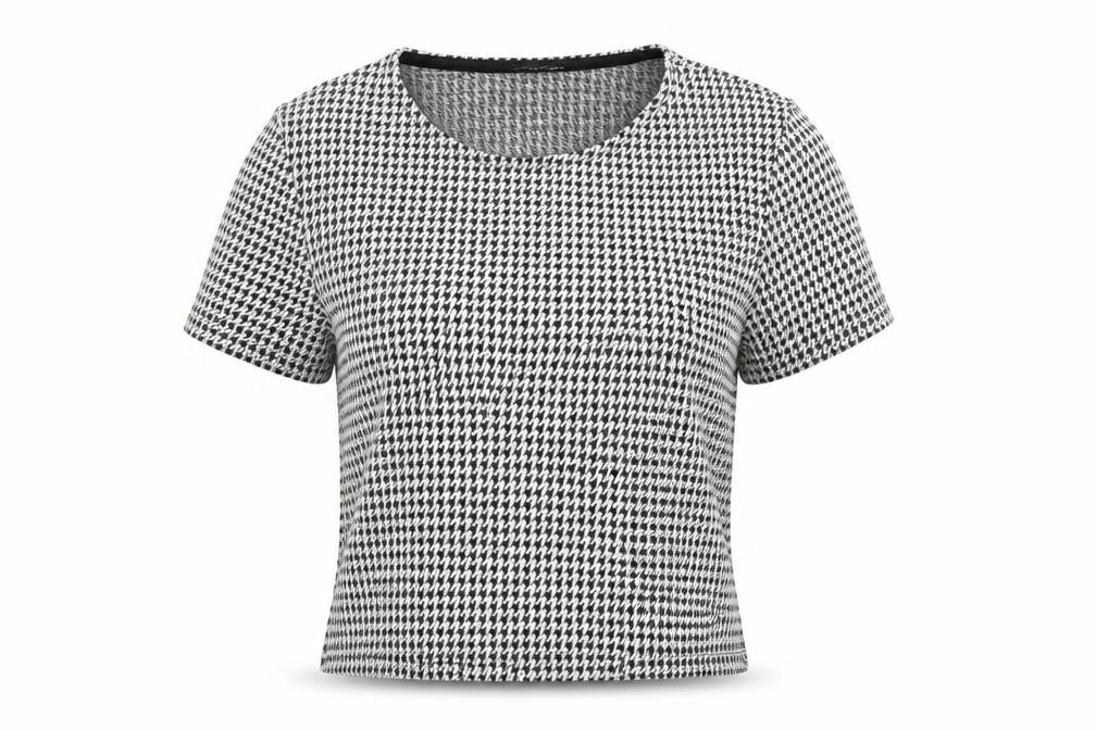 Front view of Miss Selfridge women’s multicoloured houndstooth cropped t-shirt, size UK 8
