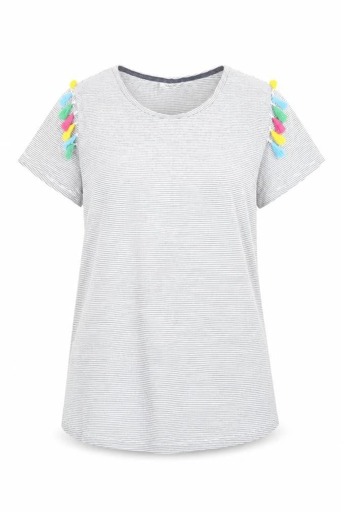 Front view of nocozo women’s black striped basic t-shirt, size UK 12