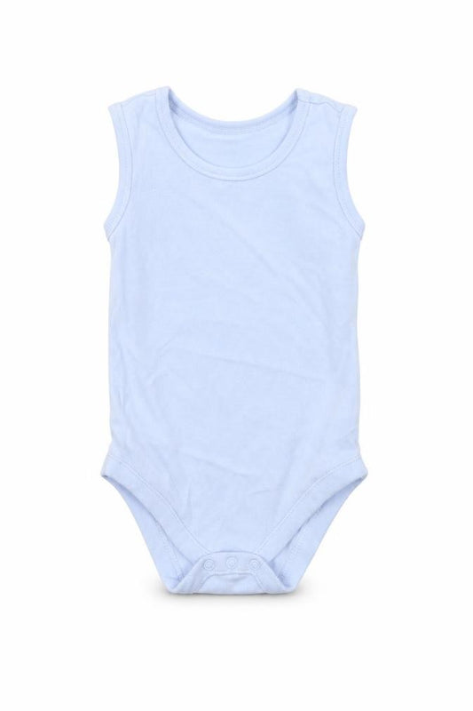 Front view of Nutmeg Baby Blue Babygrow One-Piece, size 18, Months