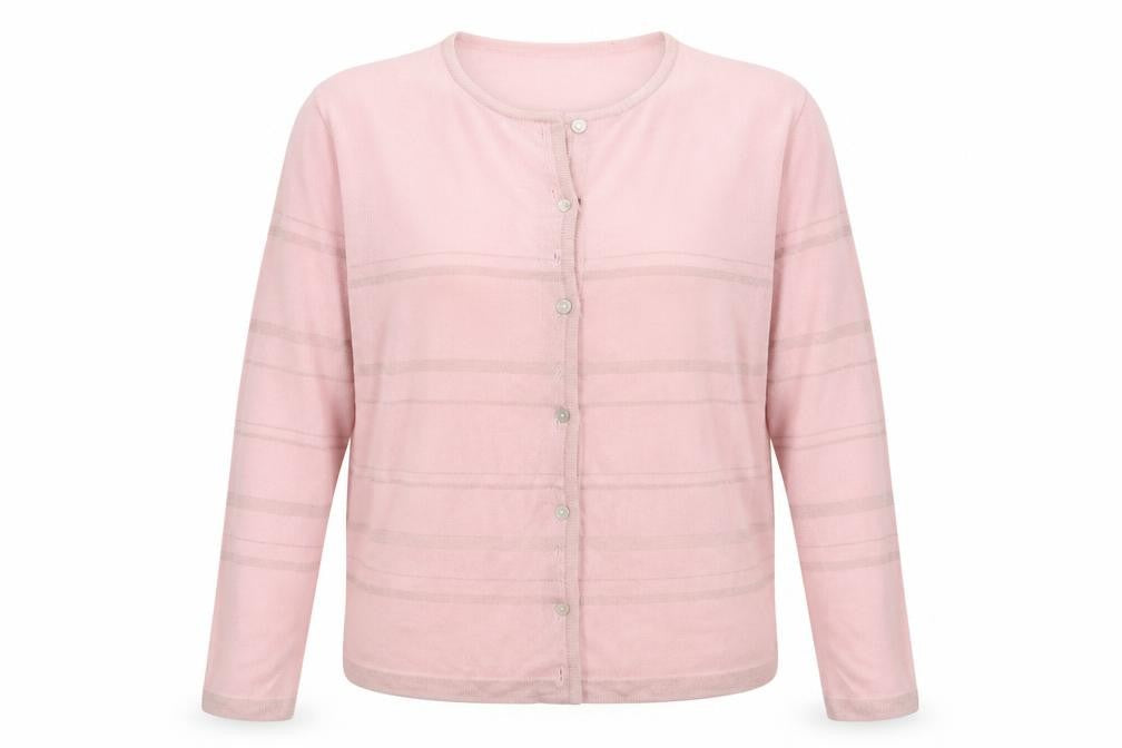 Front view of Modern Classics women’s pink striped knit cardigan jumper, size UK 16