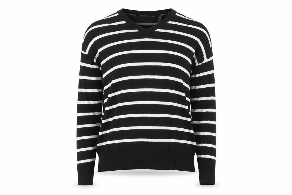 Front view of Primark women’s black striped pullover sweatshirt, size UK 6