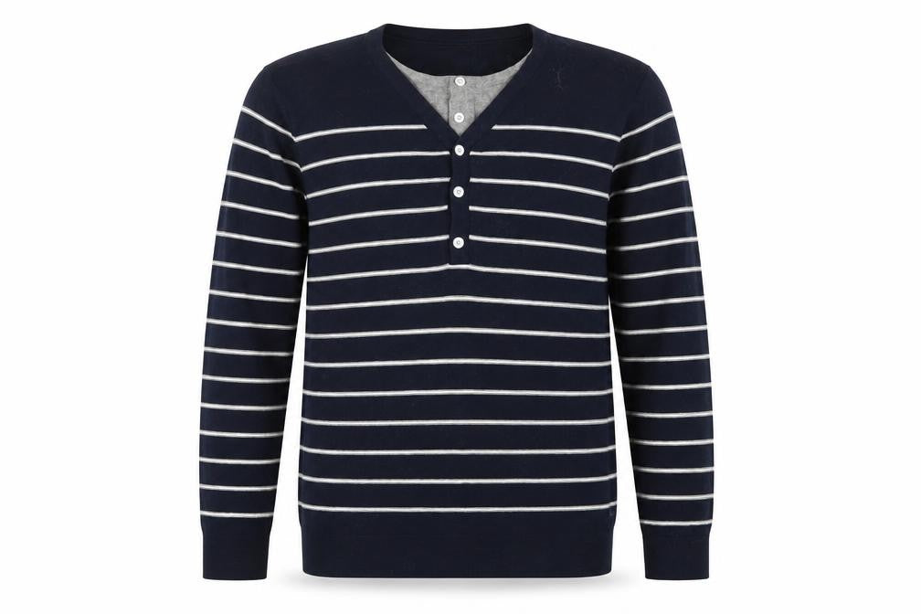Front view of Revelation men’s blue striped knit jumper, size M