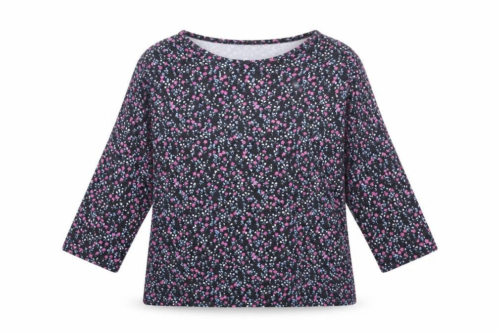 Front view of Oasis women’s black floral basic t-shirt, size S
