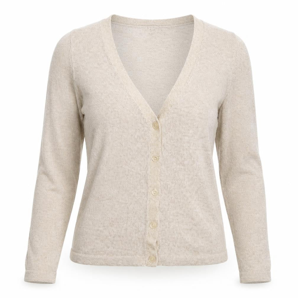 Front view of Villa women’s beige knit cardigan jumper, size M