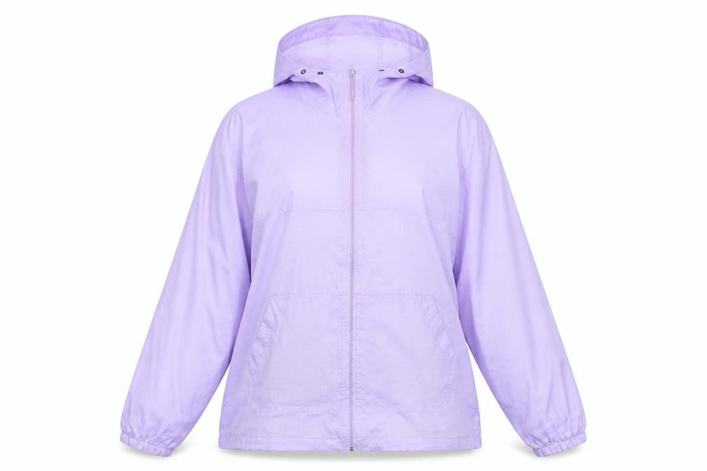 Front view of Rainy Days women’s purple rain coat jacket, size M