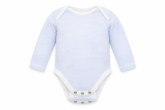 Front view of George Baby Blue Striped Babygrow One-Piece, size 3-6, Months