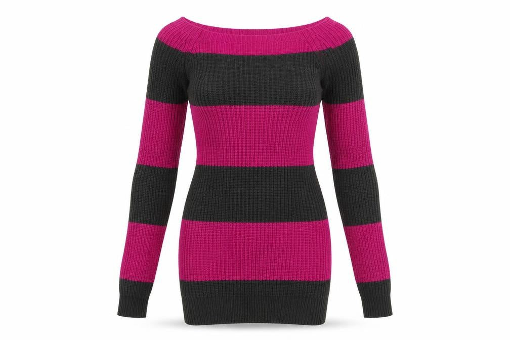 Front view of Poof Excellence women’s grey striped bodycon, size S