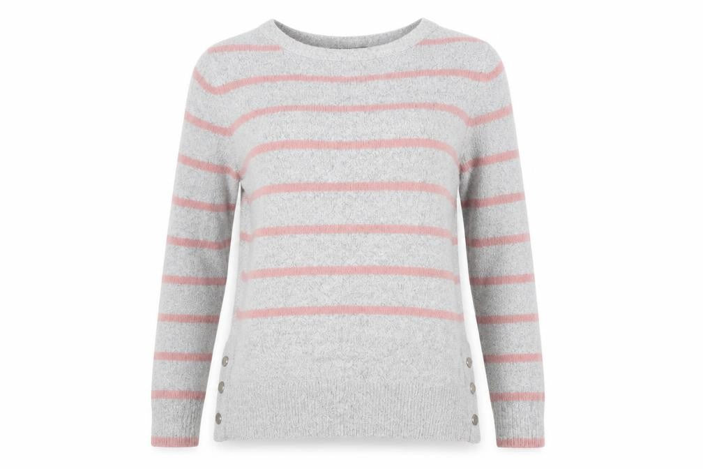 Front view of Oasis women’s grey striped jumper, size M