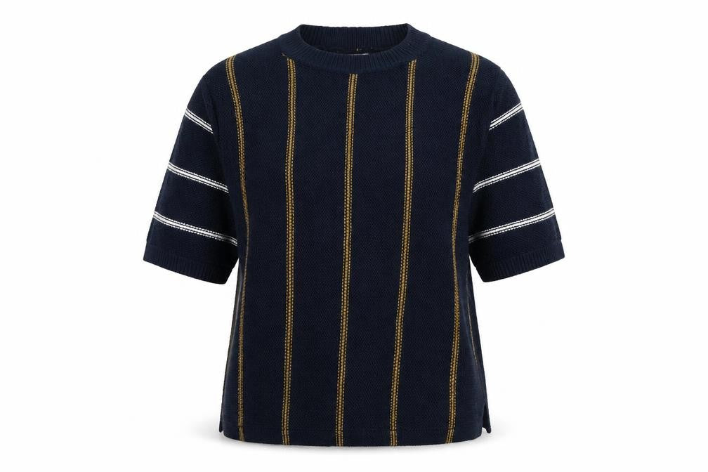 Front view of Marks & Spencer women’s blue striped jumper, size UK 16
