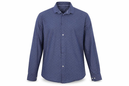 Front view of French Connection men’s blue button-up, size 16