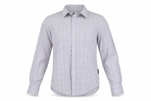 Front view of Sergio Tacchini men’s blue check button-up, size M