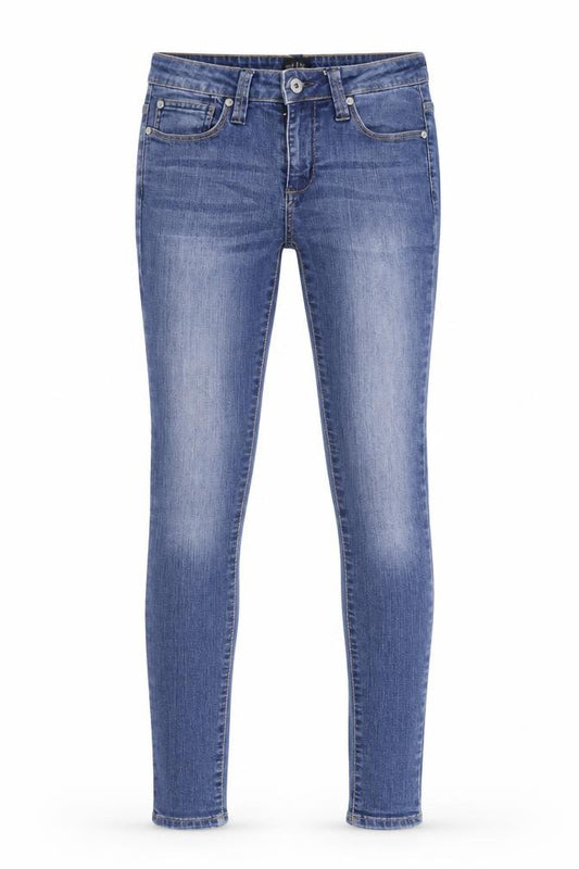 Front view of Grain Laundry women’s blue denim skinny jeans, size UK 27, 32-inch leg