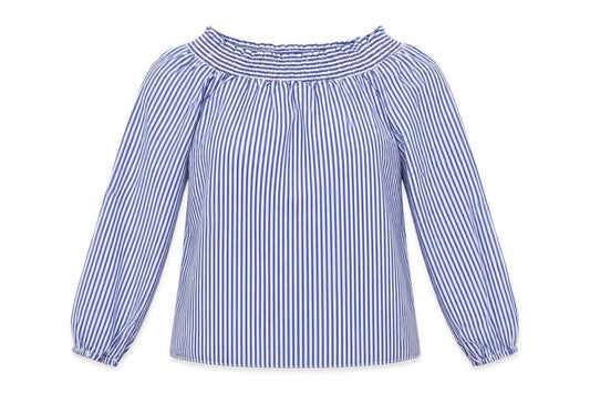 Front view of Select women’s blue striped basic blouse, size UK 8
