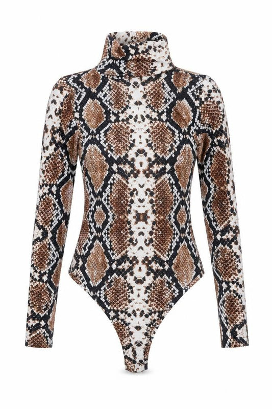 Front view of PRETTYLITTLETHING women’s brown animal print bodysuit one-piece, size UK 6