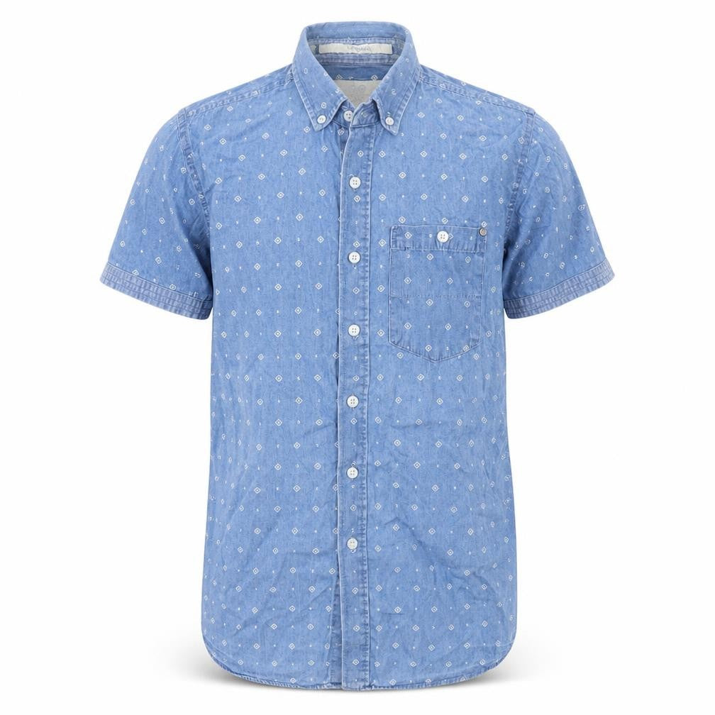 Front view of SER55 men’s blue button-up, size XS