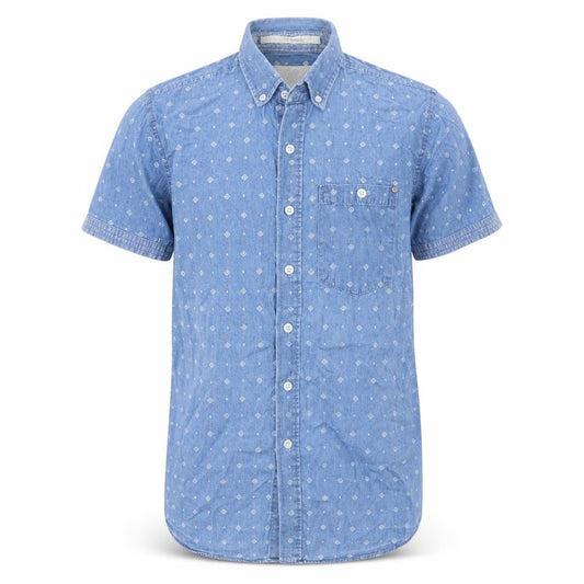 Front view of SER55 men’s blue button-up, size XS