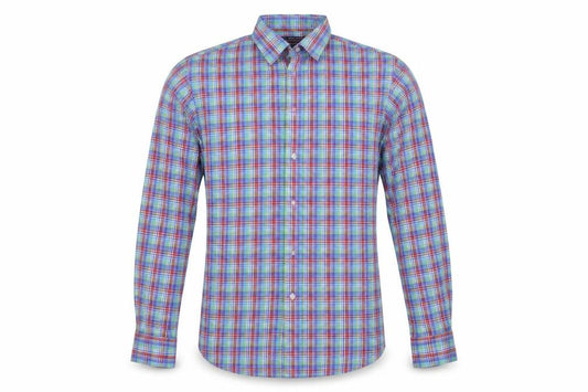 Front view of Roundtree & Yorke men’s multicoloured check button-up, size M