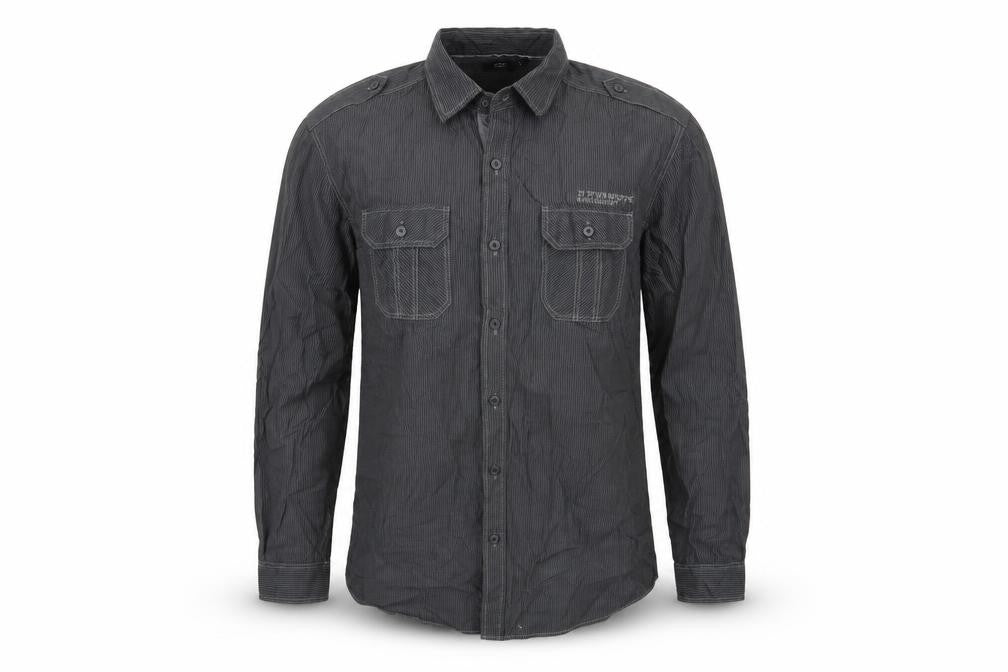 Front view of F&F men’s grey striped button-up, size L