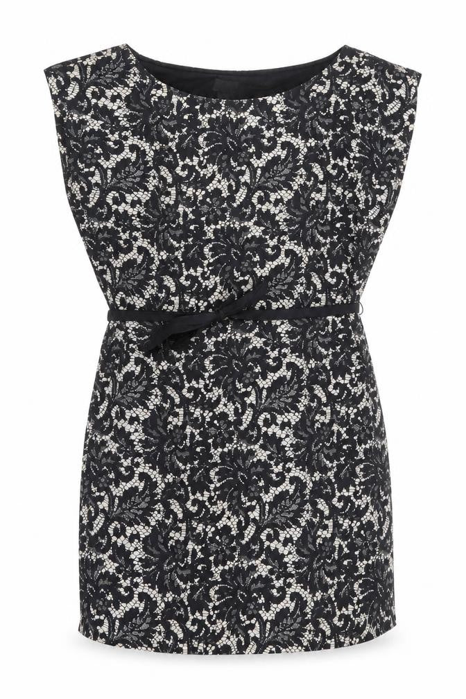 Front view of H&M women’s black floral shift, size UK 12, - lace like print