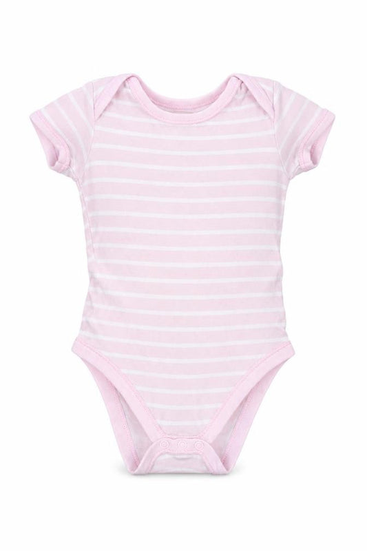 Front view of Matalan girls’ pink striped leotard one-piece, size 12-18, months