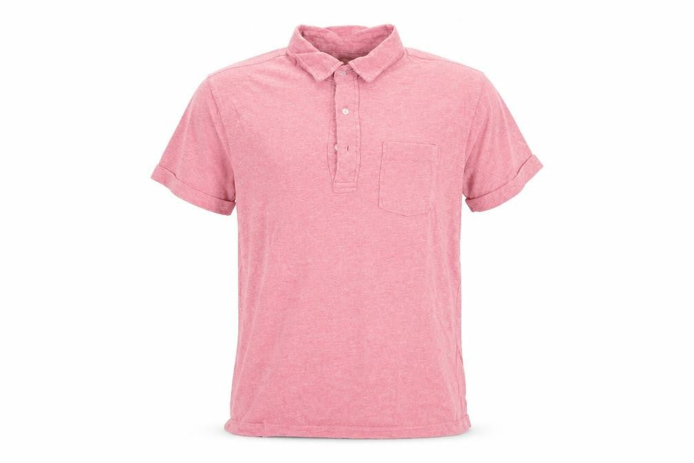 Front view of B.D Baggies men’s pink polo, size M
