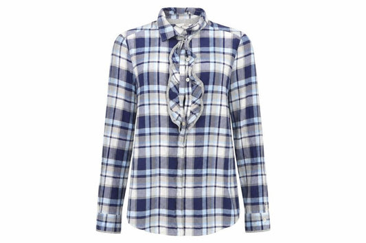 Front view of My Way women’s blue plaid basic button-up, size UK 12