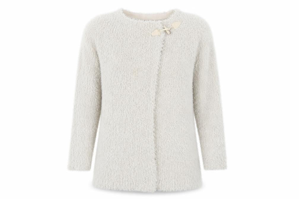 Front view of viz a viz women’s beige cardigan jumper, size UK 8