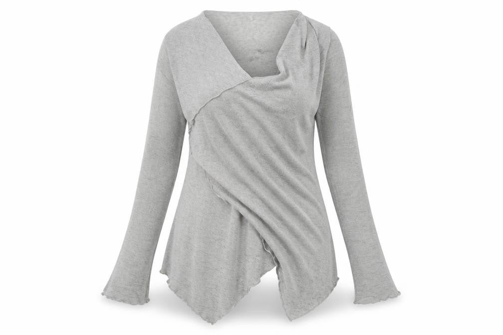 Front view of Quiz women’s grey wrap jumper, size UK 12