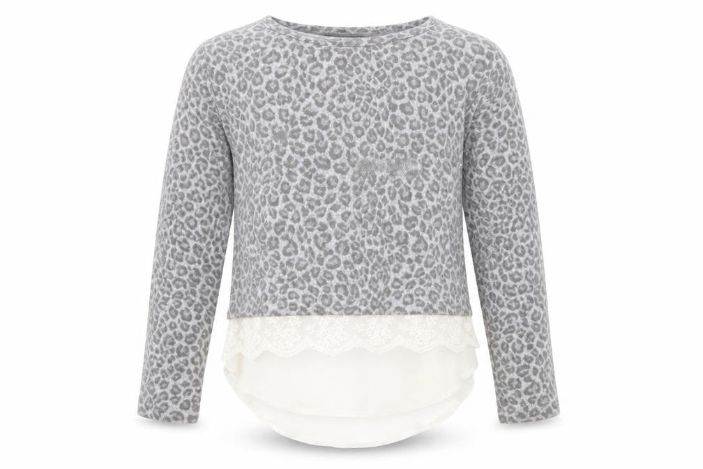 Front view of Primark girls’ grey animal print jumper, size 7-8, years