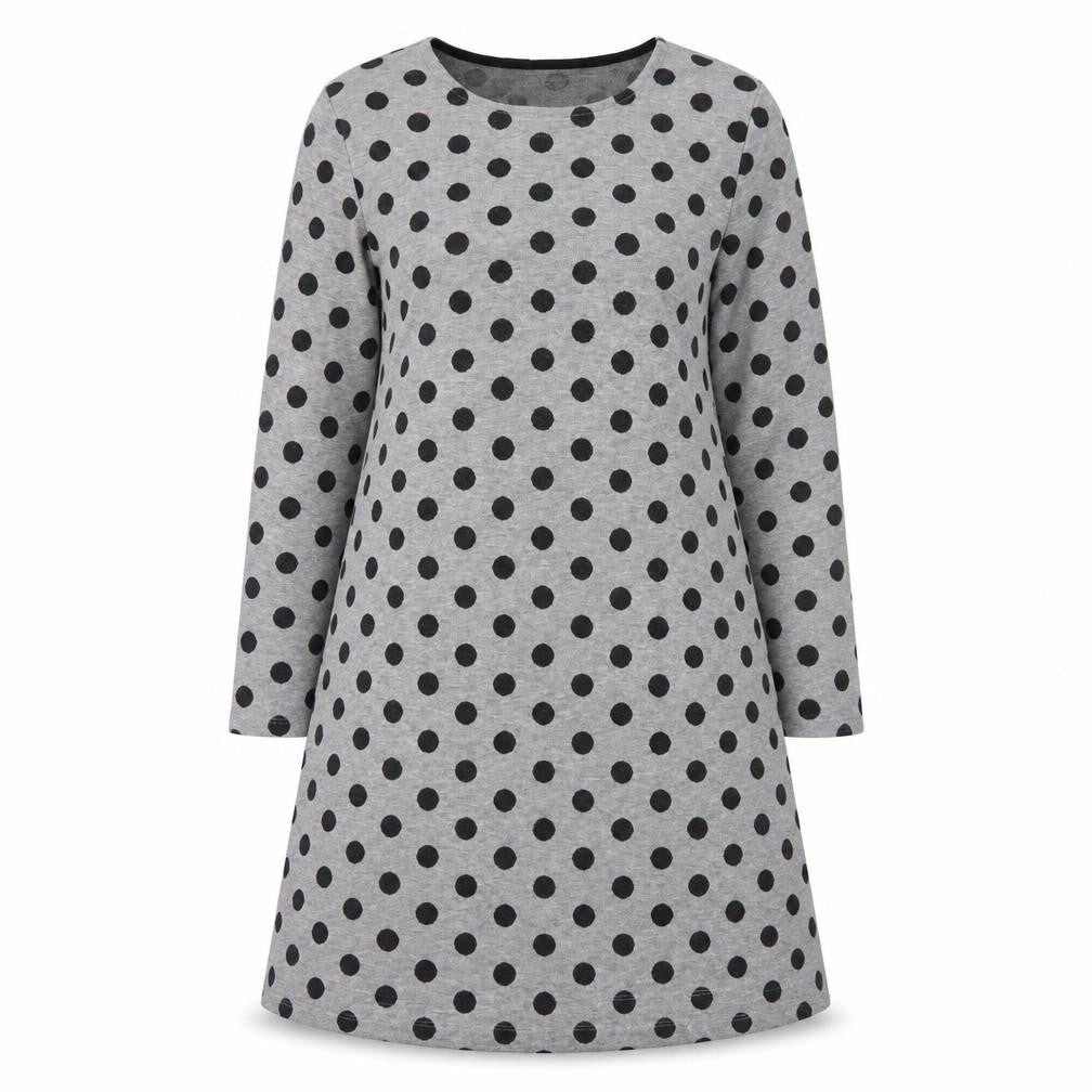 Front view of women’s grey polka dot a-line, size M