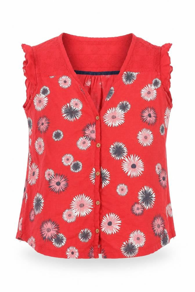 Front view of EBENHAMS women’s red floral basic t-shirt, size UK 10