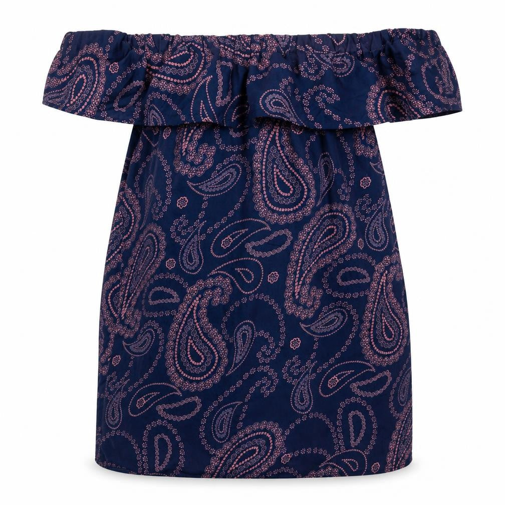 Front view of Primark women’s blue paisley mini, size UK 10