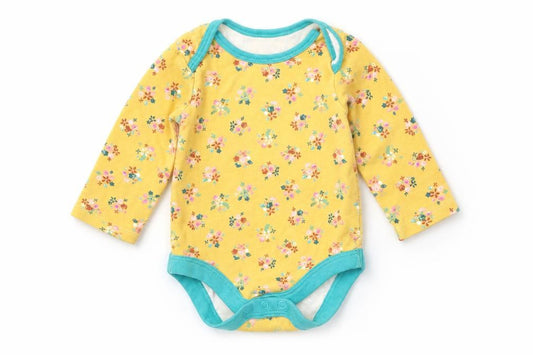 Front view of Tu Baby Yellow Flecked Babygrow One-Piece, size 3-6, Months