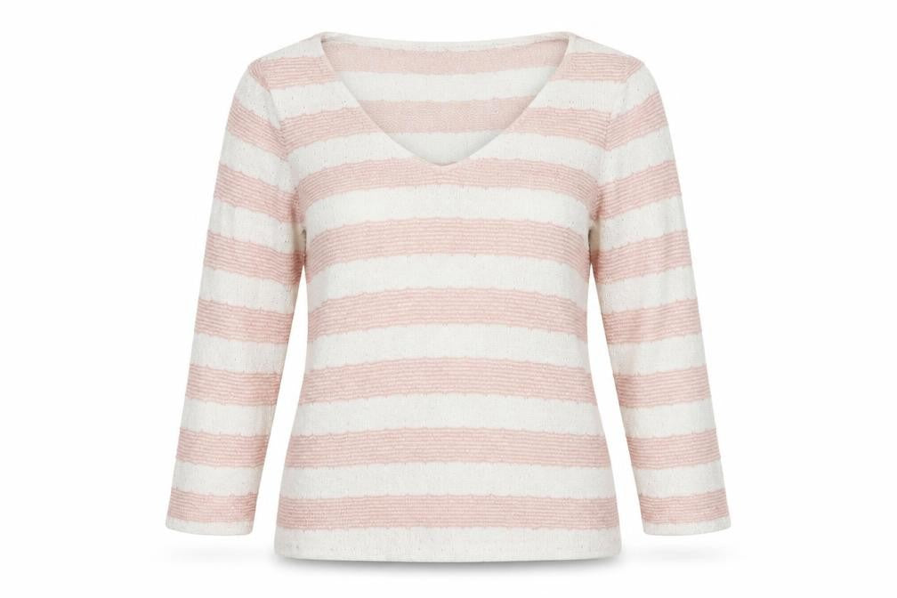 Front view of Next women’s pink striped pullover sweatshirt, size UK 12