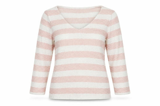 Front view of Next women’s pink striped pullover sweatshirt, size UK 12