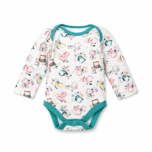 Front view of Tu girls’ white animal print babygrow one-piece, size 3-6, months