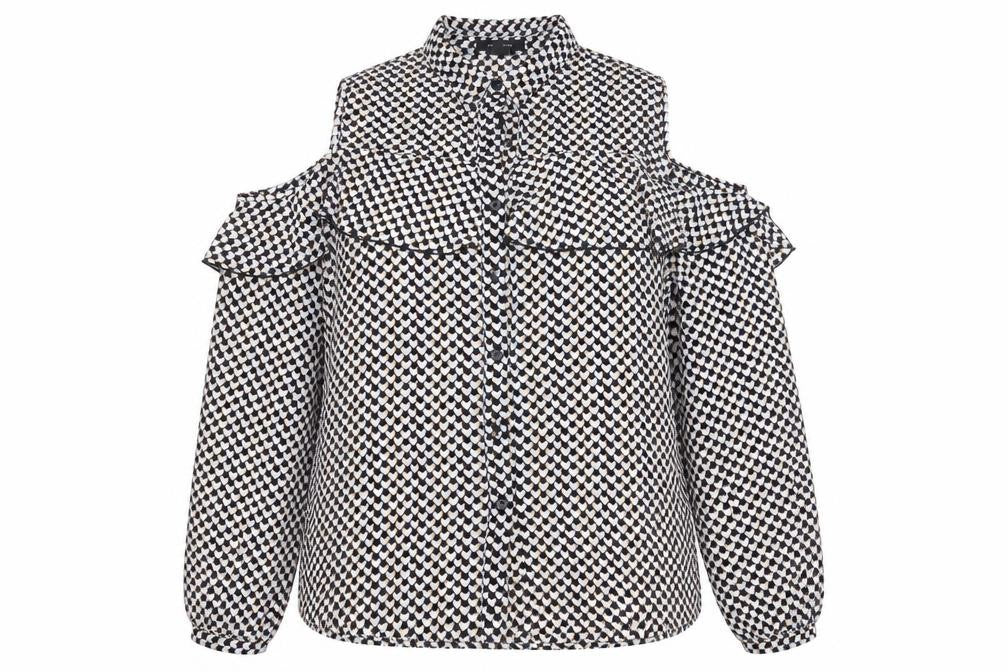 Front view of Atmosphere women’s black polka dot basic blouse, size UK 14, - cold shoulder