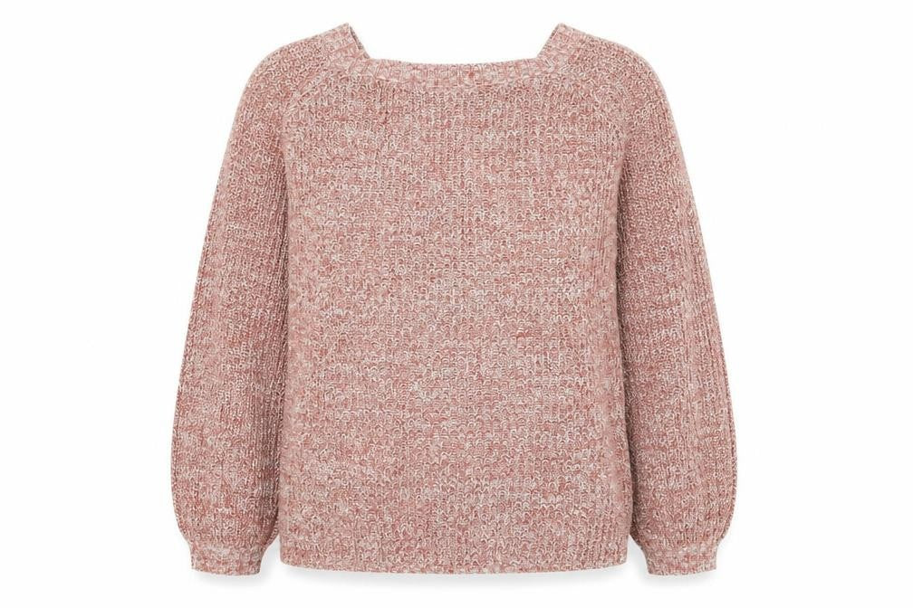Front view of V women’s pink knit jumper, size UK 14, - deep v back