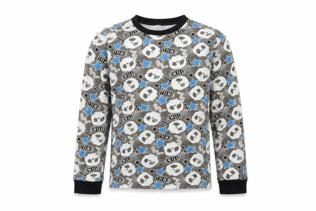 Front view of Preworn boys’ grey geometric pyjama top, size 11-12, years