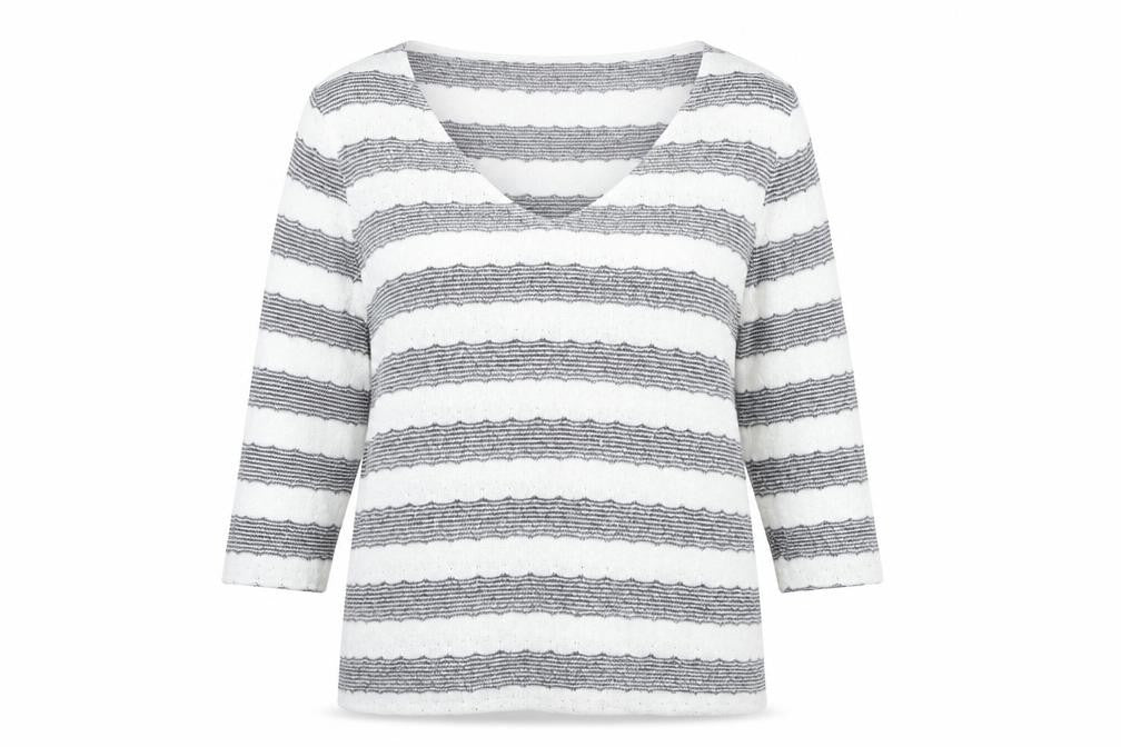Front view of net women’s white striped knit jumper, size UK 14
