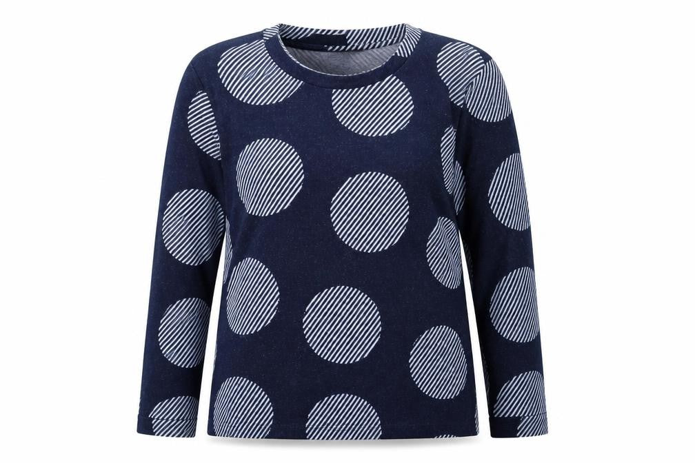 Front view of Marks & Spencer women’s blue polka dot knit jumper, size UK 14