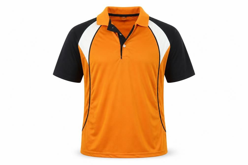 Front view of na internation men’s orange polo, size L