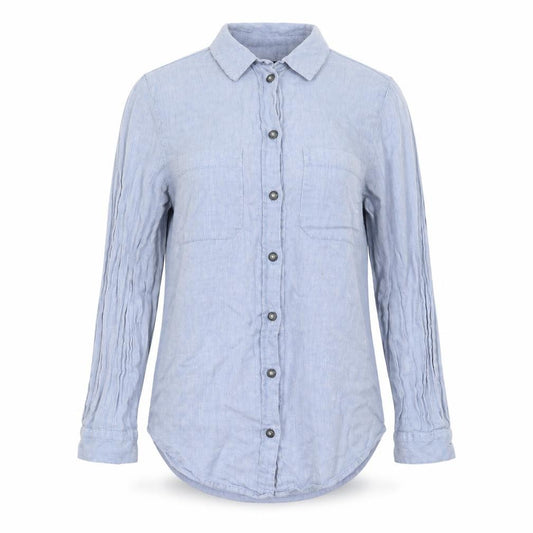 Front view of Topshop women’s blue floral basic button-up, size UK 10